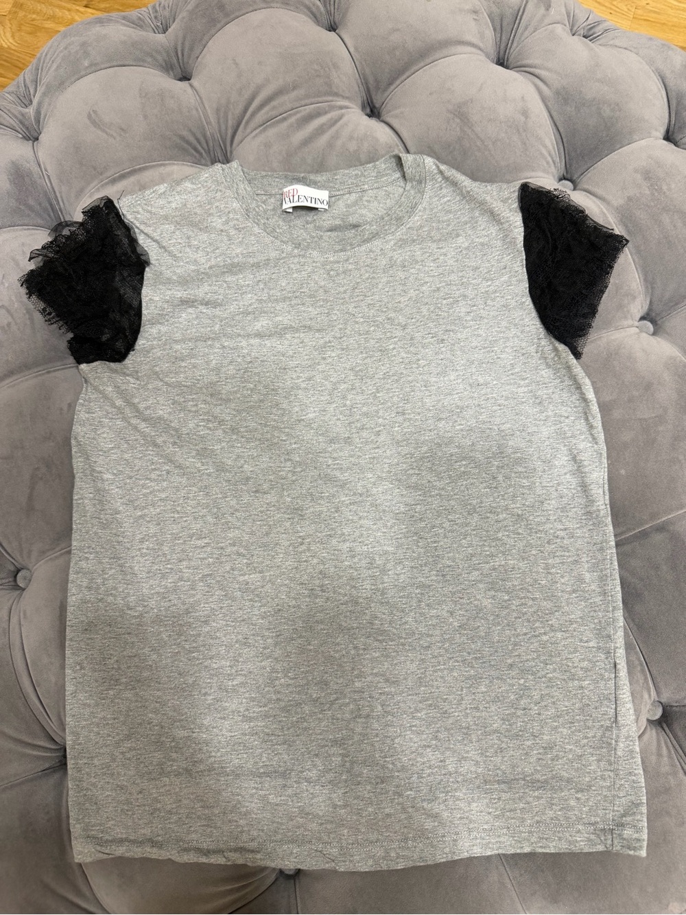 RED Valentino Gray Tee with Black Lace Cap Sleeves